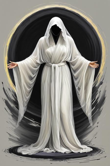 rating_safe, breathtaking detailed, masterpiece, absurdres, awe-inspiring, best quality, vibrant colors, panterly coal, a veiled spectral figure floats gently in front of a dark circular halo, BREAK, the translucent white robe flows around the form, clinging to the silhouette with subtle (brush texture), BREAK, hints of [charcoal detail] trace the edges of the fabric and hands, BREAK, the background is muted grey with a softly textured surface, blending into shadow, the fabric glows under diffused (natural light), BREAK, thick brush strokes emphasize folds and movement, the body vanishes into wisps of darkness, BREAK, the composition has a soft structure, evoking artistic realism with a haunting painterly style   <lora:sdxl_ta86artstyle_charcoal_brush.safetensors:0.8:0.8> <lora:sdxl_crazywhatever-style.safetensors:0.6:0.6>