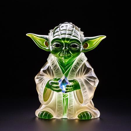 cs-cr1stal-v2, High-resolution image of a crystal figurine of Yoda from Star Wars, expertly crafted with clear, faceted crystal. The figurine captures Yoda’s wise and serene expression, with intricate detailing on his iconic robes and pointed ears. The crystal material refracts light, creating gentle rainbow prisms and enhancing the mystical aura of the character. The surface is a mix of smooth and textured crystal, highlighting both the softness of his facial features and the folds of his robes. The setting is a simple, dark gradient backdrop, allowing the crystal to sparkle under soft, focused lighting. The style is hyper-realistic, emphasizing light play, clarity, and the delicate craftsmanship of the figurine.