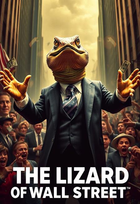 Create an alternate universe where ‘The Wolf of Wall Street’ becomes ‘The Lizard of Wall Street.’ Replace the iconic human lead with a charismatic reptile, dressed in sharp suits, flashing cash, and embodying the excess and greed of Wall Street. The image should capture the energy of high-finance chaos, luxury, and decadence, with the reptilian protagonist delivering dramatic speeches to roaring crowds. The main title on the image should read in bold: ‘THE LIZARD OF WALL STREET,’ capturing the essence of this unique twist on the classic