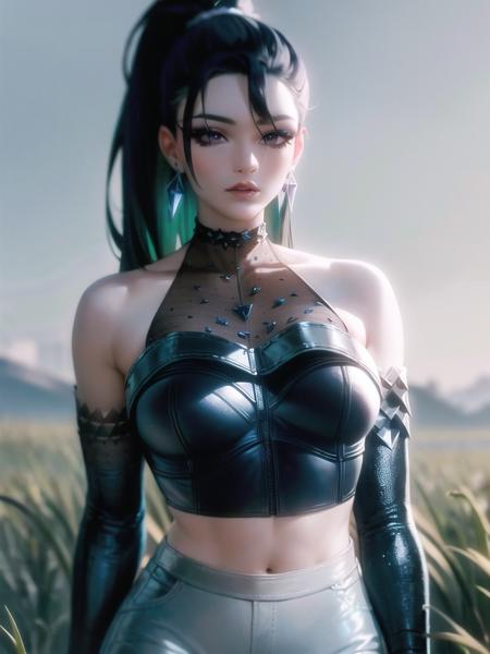 field, grass, sky, high detailed, 8k, highres, (k/da all out kai'sa), league of legends, k/da \(league of legends\), 1girl, solo, cowboy shot, official alternate costume, black hair, multicolored hair, long hair, very long hair, ponytail, long ponytail, streaked hair, green hair, two-tone hair, purple eyes, lips, jewelry, earrings, makeup, bare shoulders, crop top, black crop top, collarbone, collar, shiny clothes, detached sleeves, breasts, medium breasts, crystals, gloves, elbow gloves, single fingerless glove, midriff, belt, pants, white pants, tight pants, high-waist pants, looking at viewer