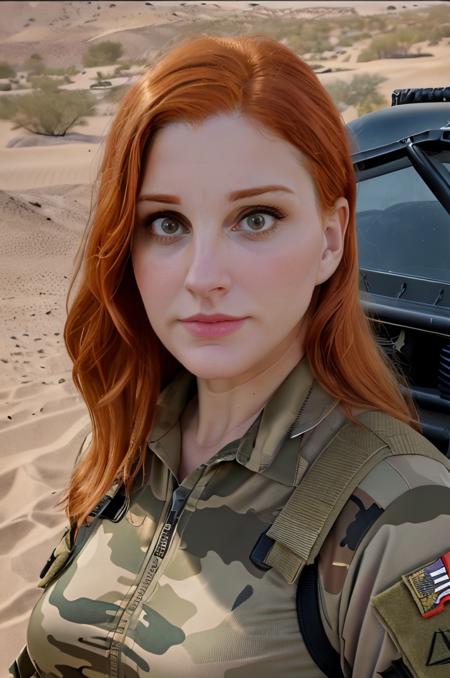 professional photograph of V4lka woman, redhead, full body, she's an army soldier, military uniform, in a combat zone, she's wearing an USA military uniform with camouflage. (Background is a desert of the Middle East), she's holding an MP4 rifle and looking at the viewer with a determined face. Action heroine, 4k, 8k, masterpiece, highest quality, bokeh, geiger, (active firefight) (marvel cinematic universe)  highly detailed eyes  <lora:2024-02-06_19-29-35-save-1499-53-15:1>