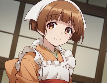 <lora:chitose-nakai--s1-ponyxl-lora-nochekaiser:1>, nakai chitose, short hair, brown hair, brown eyes, bangs, blunt bangs, japanese clothes, kimono, apron, head scarf,