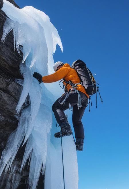 close-up on a mountaineer climbing on an icy cliff of a waterfall, background blue sky with cirrus cloud