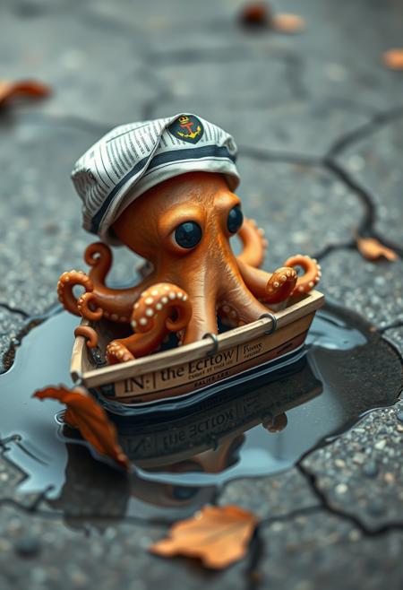 Create a hyper-realistic, hyper-detailed image of a cute octopus wearing a sailor's hat made from newspaper, steering a tiny boat also crafted from newspaper. The octopus gazes out at the "ocean" with a sense of adventure, but the viewer can see that it's just a small puddle of water. The octopus and boat are so small that the puddle seems like an endless sea to him, but the surrounding environment, such as a cracked sidewalk or a discarded leaf, gives away the true scale. Style: hyper-realistic, whimsical, humorous. Colors: muted, earthy tones with a focus on blues and grays to convey the sense of oceanic adventure. Highest-Quality, 4k, Masterpiece