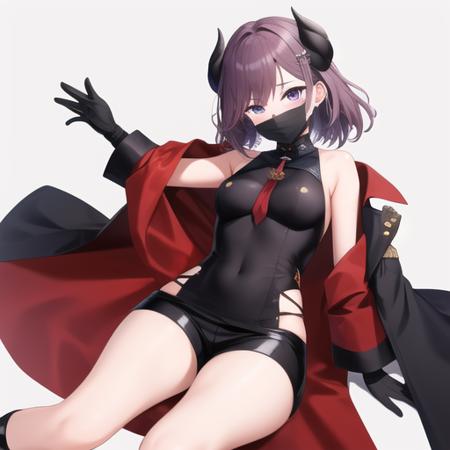 (masterpiece, best quality:1.2),absurdres,highres,1girl,solo,upper body,kirishima (azur lane),black dress,black footwear,black horns,black shorts,looking at viewer,mask,medium hair,microdress,mouth mask,open clothes,open coat,purple hair,red coat,rudder footwear,sakura empire (emblem),sleeveless dress,violet eyes,white gloves,<lora:Kirishima(azur):0.8>,