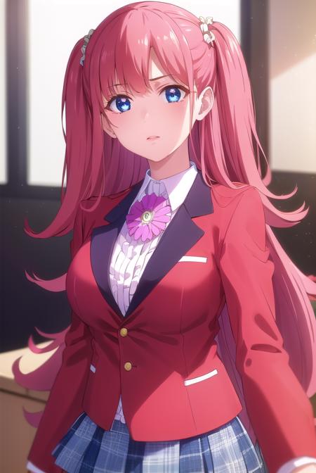 yumemiyumemite, <lora:yumemi yumemite s2-lora-nochekaiser:1>,
yumemi yumemite, long hair, blue eyes, very long hair, pink hair, two side up,
BREAK skirt, shirt, school uniform, jacket, white shirt, pleated skirt, collared shirt, black skirt, blazer, (red jacket:1.5),
BREAK indoors, classroom,
BREAK looking at viewer, (cowboy shot:1.5),
BREAK <lyco:GoodHands-beta2:1>, (masterpiece:1.2), best quality, high resolution, unity 8k wallpaper, (illustration:0.8), (beautiful detailed eyes:1.6), extremely detailed face, perfect lighting, extremely detailed CG, (perfect hands, perfect anatomy),