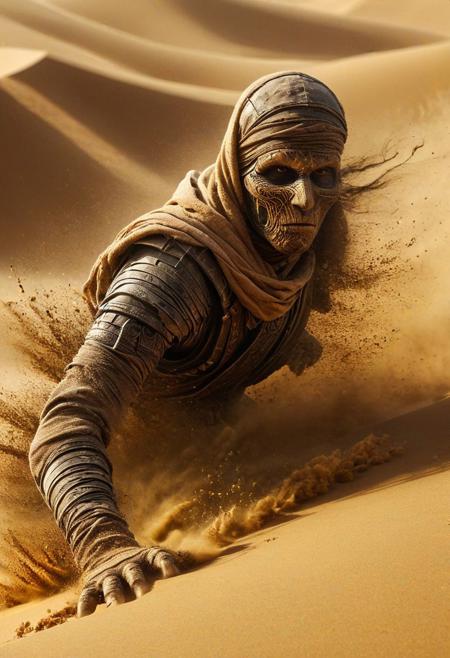 very dark focused flash photo, amazing quality, masterpiece, best quality, hyper detailed, ultra detailed, UHD, perfect anatomy, portrait, dof, hyper-realism, majestic, awesome, inspiring,Capture the thrilling showdown between the ancient mummy and the colossal sand boss in an epic battle amidst swirling dust and desert sands. Embrace the action and chaos as these formidable forces clash in the heart of the dunes. cinematic composition, soft shadows, national geographic style