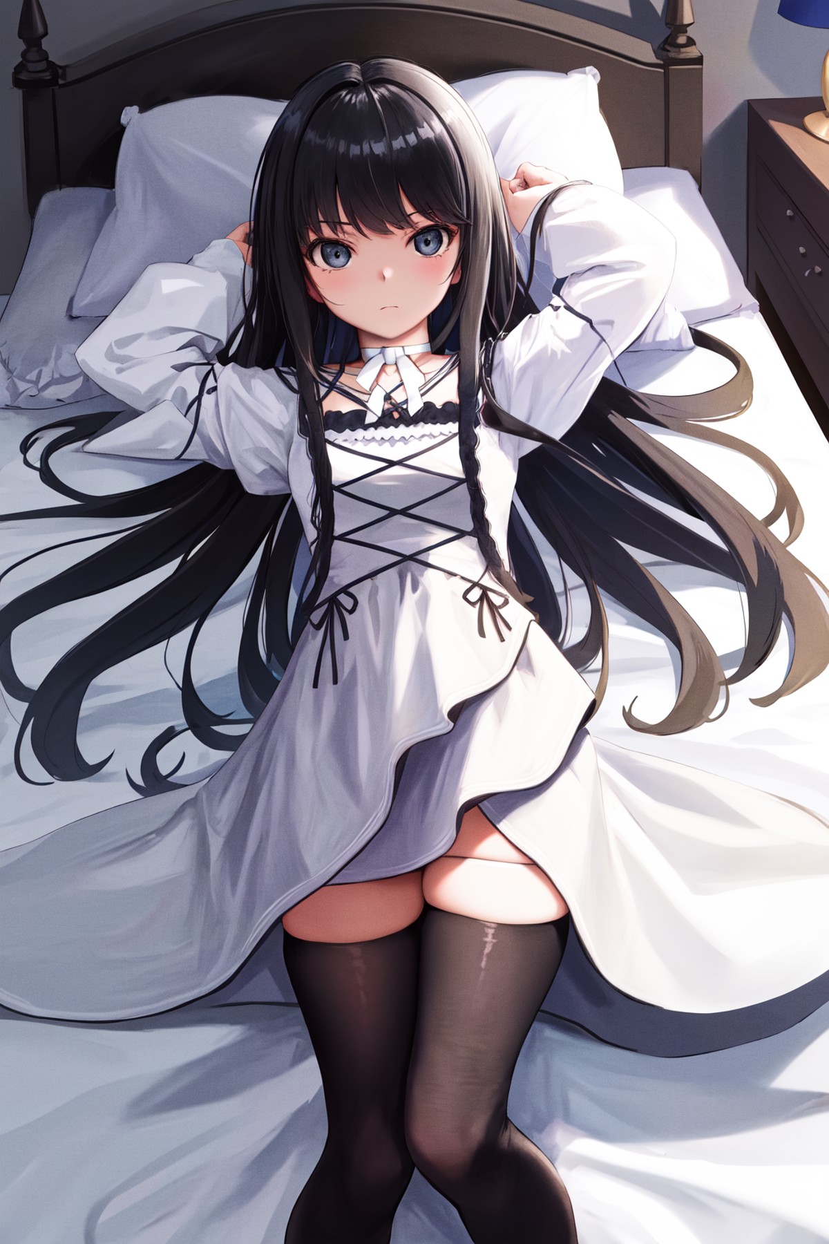 masterpiece, best quality, highres, 1girl, black thighhighs white dress white choker <lora:natsuki_minamiya:1> lying on ba...