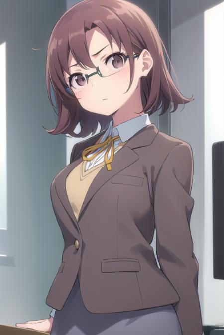 senaakagi, <lora:sena akagi s2-lora-nochekaiser:1>,
sena akagi, short hair, brown hair, glasses, (brown eyes:1.5),
BREAK skirt, ribbon, school uniform, blazer, grey skirt, shirt, white shirt, collared shirt,
BREAK indoors, classroom,
BREAK looking at viewer, (cowboy shot:1.5),
BREAK <lyco:GoodHands-beta2:1>, (masterpiece:1.2), best quality, high resolution, unity 8k wallpaper, (illustration:0.8), (beautiful detailed eyes:1.6), extremely detailed face, perfect lighting, extremely detailed CG, (perfect hands, perfect anatomy),