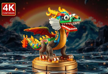The detailed 4K image showcases a vibrant Googly-Eyes Drum Dragon, standing proudly on a Gold Moon Coin base, with its colorful body composed of blocks and pieces in bold blues, greens, reds, oranges, and yellows. The Googly-Eyes Drum Dragon, ready for action, has its arms and legs spread out, against a epic Giant Flood backdrop. The image, hyper-realistic with vivid colors and sharp lines, highlights the Googly-Eyes Drum Dragon's dynamic action pose and captivating lighting, showcasing its handcrafted precision, creative design, and joyful impact. The Googly-Eyes Drum Dragon, a celebration of color and creativity, stands in the foreground with impeccable composition, stunning the viewer with its detailed face, beautiful eyes, and powerful message.