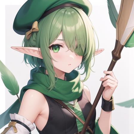 (masterpiece, best quality:1.2),illustration,8k,hd,1girl,upper body,(portrait:1.2),green scarf,pointy ears,elf,hat feather,two-tone shirt,torn scarf,green shirt,detached sleeves,shirt,scarf,solo,holding,hair over one eye,green eyes,white shirt,hat,sleeveless shirt,green sleeves,short hair,green headwear,bow \(weapon\),sleeveless,holding bow \(weapon\),shorts,beret,green hair,thighhighs,weapon,armpits,holding weapon,green thighhighs,striped thighhighs,looking at viewer,vertical-striped thighhighs,arrow \(projectile\),green shorts,small breasts,quiver,feathers,<lora:Futaba Aoi-V1:0.9>