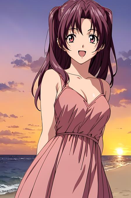 (exceptional, best aesthetic, best quality, extremely detailed), 1girl, solo, fujisakiakari, open_mouth, smile, looking_at_viewer, (arms_behind_back), pink_dress, beach, sunset