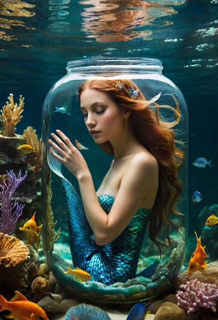 Exquisitely detailed illustration, captivating composition!! A beautiful mermaid, ethereal and graceful, is trapped within a transparent jar. The jar, delicately crafted, sits on the ocean floor, surrounded by a treasure trove of underwater wonders. The mermaid, with her iridescent scales and flowing hair, presses her hands against the glass, her expression a mix of longing and melancholy. The water around her shimmers with the dance of light filtering through the ocean's surface, casting an array of colors on her and the jar. The scene is a fusion of fantasy and reality, where the mystical being's plight is rendered with heart-touching clarity. The double exposure technique enhances the ethereal quality, blending the mermaid and her confined space with the surrounding seascape, creating a surreal and dream-like effect. Every detail of the mermaid, from the scales on her tail to the subtle emotions in her eyes, is depicted with ultra-precise artistry, set against the backdrop of an enchanting underwater world. The colors are vibrant and rich, emphasizing the contrast between the mermaid's enchanting beauty and her somber predicament, making the image a breathtaking masterpiece that captures the essence of both captivity and grace
