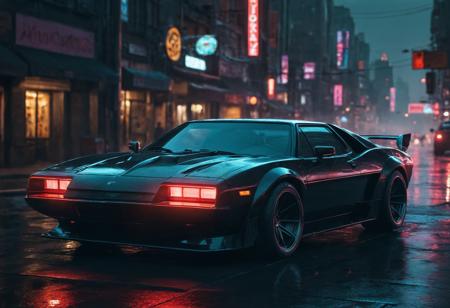 Neon noir <lora:Eddie Mendoza CLIP-000005:1>,car,motor vehicle,ground vehicle,vehicle focus,concept art,sportcar [4],Eddie Mendoza, . Cyberpunk, dark, rainy streets, neon signs, high contrast, low light, vibrant, highly detailed