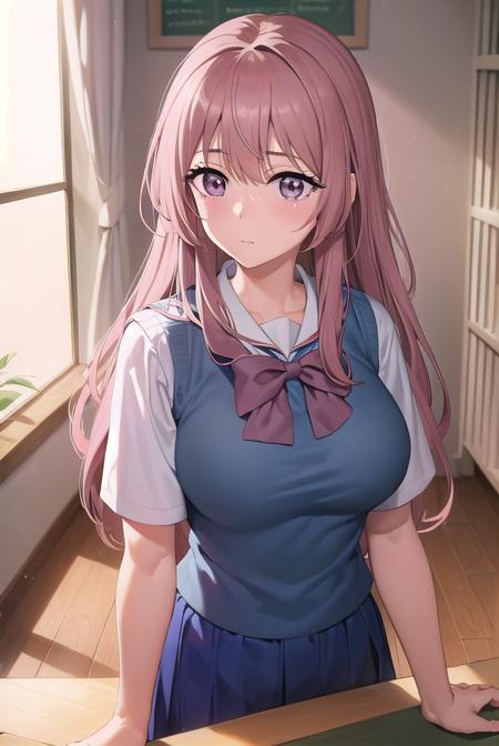 shinjuinui, <lyco:shinjuinuis1-lyco-nochekaiser:1>, 
shinju inui, long hair, pink hair, (pink eyes:1.5), (large breasts:1.2),
BREAK skirt, shirt, bow, school uniform, white shirt, short sleeves, pleated skirt, serafuku, bowtie, sailor collar, vest, blue skirt, sweater vest,
BREAK indoors, classroom,
BREAK looking at viewer, (cowboy shot:1.5),
BREAK <lyco:GoodHands-beta2:1>, (masterpiece:1.2), best quality, high resolution, unity 8k wallpaper, (illustration:0.8), (beautiful detailed eyes:1.6), extremely detailed face, perfect lighting, extremely detailed CG, (perfect hands, perfect anatomy),