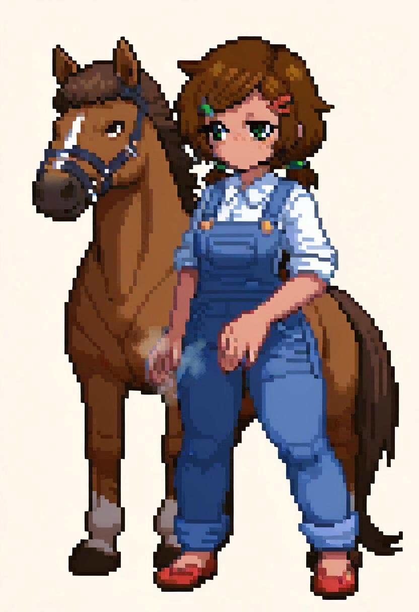 score_9, duo, 1girl and 1horse,human girl and huge feral horse,mom,tall,standing, small breasts,low pigtails, hairclip,(messy hair:0.7), freckles,tanned, green eyes, overalls,confident,trembling, deep blush, looking at you, exhausted,smug,deep blush, sweat, steam, full body, pixel art, 2d, full portrait, simple background, white background