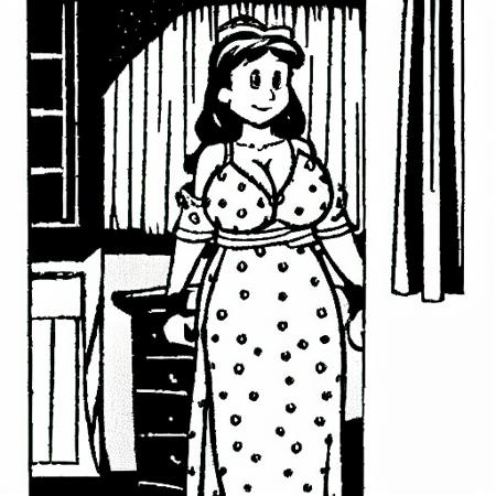 a cartoon mom dressed in a night gown, deep cleavage, art by <lora:CalvinandHobbes:0.6>