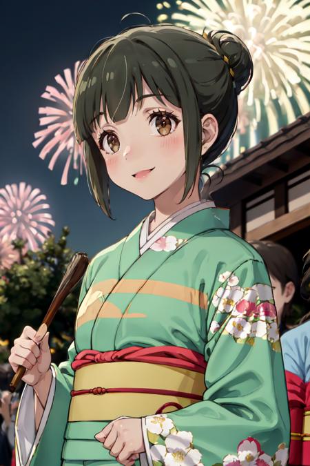 masterpiece, best quality, absurdres, 1girl, solo, HinoAkira, hair bun, sidelocks, green kimono, floral print, obi, outdoors, night, fireworks, festival, shrine, smile, blush, <lora:HinoAkira:0.8>