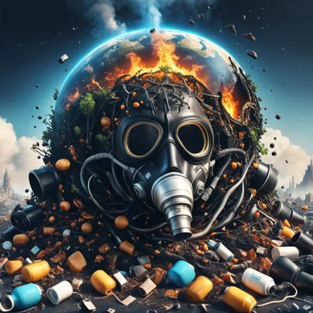 many TREE BURN , BACKGROUND city burn ,a bunch of garbage floating on top of a body of  3d earth,((( combined  black Oxygen mask capsul:1.5))),  digital art, inspired by Filip Hodas, cg society contest winner, devouring a planet, worksafe. cinematic, gas station in space, 2 0 2 2, plastic waste, hyperrealistic  