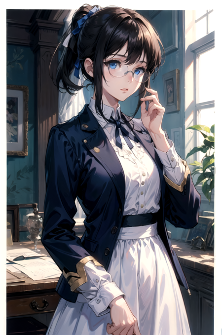 A woman in  a blue t-shirt, <lora:more_details:0.5>, black hair, ponytail, masterpiece, highres, absurdres, 4k, high quality, eyeglasses, glasses ,1girl, violet_evergarden, solo, Black hair, long_sleeves, ribbon, blue_eyes, jacket, white_dress, hair_ribbon