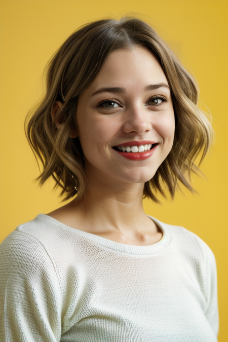 AmandaPflugrad, (closeup on face:1.3), (big smile:1.3), razored combover bob haircut, ((red lipstick)), ((slim, fit, lanky, coltish:1.5)), yellow cashmere sweater, luxury, looking at viewer, Hasselblad H6D, 80mm portrait, natural lighting, oiled skin, perfect eye blush, slightly open mouth, long eye lashes, <lora:epiCRealismHelper:0.2>, <lora:hairdetailer:0.3>, ((basic yellow backdrop:1.3)), detailed skin texture, (blush:0.5), (goosebumps:0.5), subsurface scattering, RAW candid cinema, 16mm, color graded portra 400 film, remarkable color, ultra realistic, textured skin, remarkable detailed pupils, realistic dull skin noise, visible skin detail, skin fuzz, dry skin, shot with cinematic camera