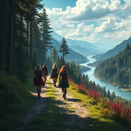a group of female warriors travel a wide valley path through woodland, a broad river runs alongside the path, distant rivers, distant mountains, wilderness, dungeons and dragons, medieval, real photo, 4k, vibrant colours