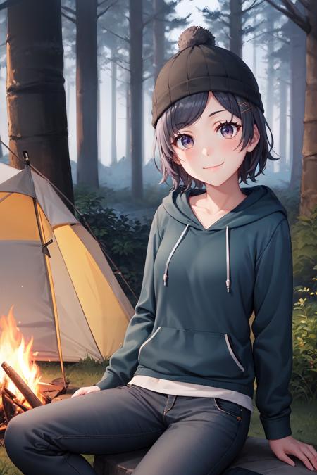 masterpiece, best quality, cowboy shot, smile, komachi hikigaya, short hair, hairclip, beanie, hoodie, pants, sitting, outdoors, dusk, campfire, tent, forest, <lora:komachi_hikigaya_v2:1>