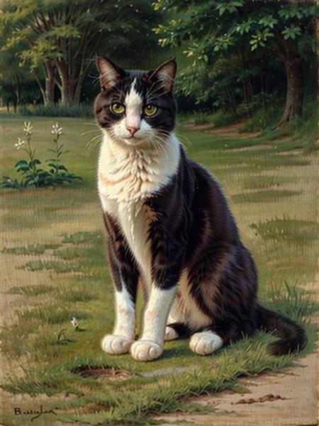 a painting of a cat by Bnhr, no humans, signature, animal focus, grass, outdoors, cat, <lora:bonheur_resize:0.88>