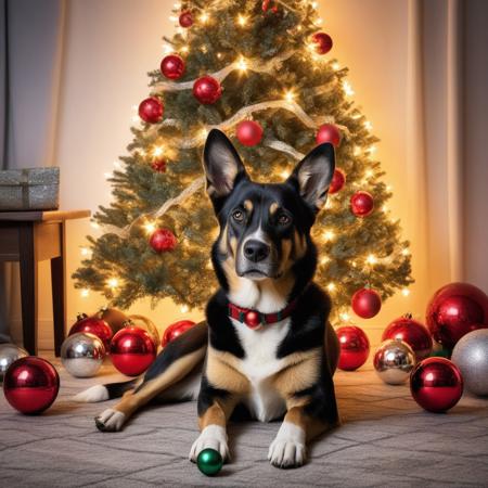 photography very realist dog playing with lots of Christmas lights and Christmas balls around him, Christmas decor background