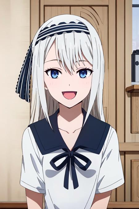 (exceptional, best aesthetic, new, newest, best quality, masterpiece, extremely detailed),<lora:Kei Shirogane:0.7>,Kei, 1girl, solo, school uniform, open mouth, shuuchiin academy school uniform, blue eyes, long hair, summer uniform, parody, ribbon, smile, short sleeves, hairband, \m/, grey hair, bangs, black ribbon, looking at viewer, fox shadow puppet, sailor collar, shirt, collarbone, upper body, :d, white shirt, neck ribbon