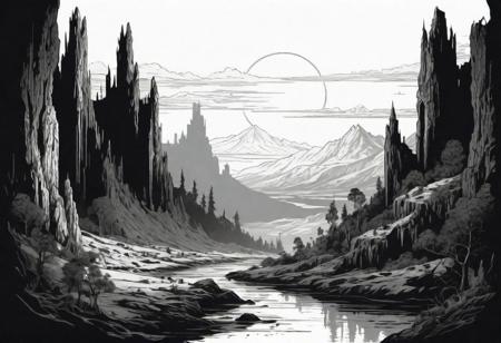 Lord of the Rings Moria Landscape,  grunge engraving, simple shadows, black and White, neutral white background, engraving style, ink sketch style