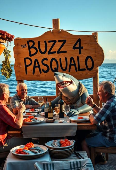 An Italianized humanoid shark named ‘Pasqualo,’ with features blending both shark and human characteristics—sharp teeth, fin-like arms, and a rugged fisherman outfit. Pasqualo is seated at an outdoor dinner table by the seaside, enjoying a lively meal with his fisherman friends. The atmosphere is warm and inviting, with a rustic Mediterranean vibe. Behind them, a large, hand-painted wooden sign reads ‘BUZZ 4 PASQUALO.’ The setting includes fish dishes, bottles of wine, and traditional Italian decor. Pasqualo appears to be laughing and engaged in a hearty conversation, blending seamlessly into this lively, maritime scene.