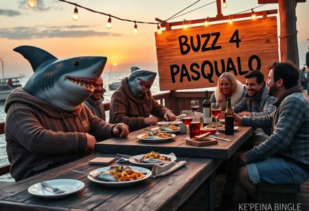 An Italianized humanoid shark named ‘Pasqualo,’ with a muscular body, gray shark-like skin, and sharp teeth, sits at a large wooden table on a seaside pier during sunset. He has black eyes, a prominent dorsal fin, and a friendly grin. Dressed in a rugged fisherman’s outfit, including a weathered wool sweater, rolled-up pants, and boots, Pasqualo blends seamlessly into the scene with his human fisherman friends. They laugh and chat around the table, their sun-baked skin and salt-worn clothes reflecting a life spent at sea.
The table is covered with rustic Italian seafood dishes: grilled fish, steaming bowls of pasta, crusty bread, and wine bottles. Half-filled glasses suggest recent toasts, and plates are scattered in a laid-back, festive atmosphere. Overhead, warm string lights cast a golden glow on the gathering.
In the background, a large wooden sign, slightly worn and hand-painted, reads ‘BUZZ 4 PASQUALO.’ It’s mounted on a weathered post with a couple of seagulls perched on top. The sea behind them is calm, with fishing boats gently rocking in the harbor. The setting captures the authentic feel of an old Italian coastal town, with Pasqualo smiling and enjoying the meal with his closest friends, blending the fantastical with the familiar and realistic