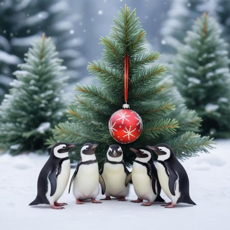 little penguins around a Christmas ball, snowy ground, very snowy fir tree background