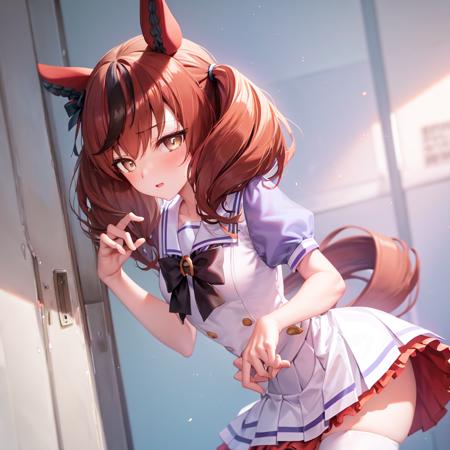 masterpiece, best quality,
nice nature \(umamusume\), 
tracen school uniform, purple shirt, pleated skirt, puffy short sleeves, white skirt, puffy sleeves, summer uniform, frilled skirt, sailor collar, sailor shirt, miniskirt, frills, white thighhighs
<lora:nice_nature_loha:0.8>