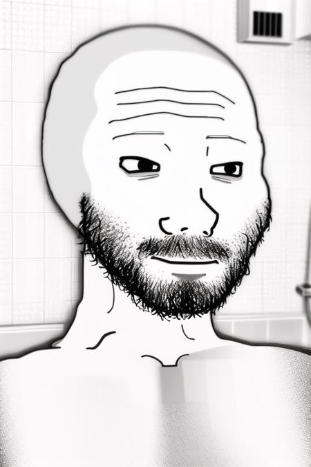 <lora:wojak:.8>, wojak, masterpiece, best quality, 1boy, male focus, solo, monochrome, meme, tile wall, facial hair, upper body, parody, greyscale, closed mouth