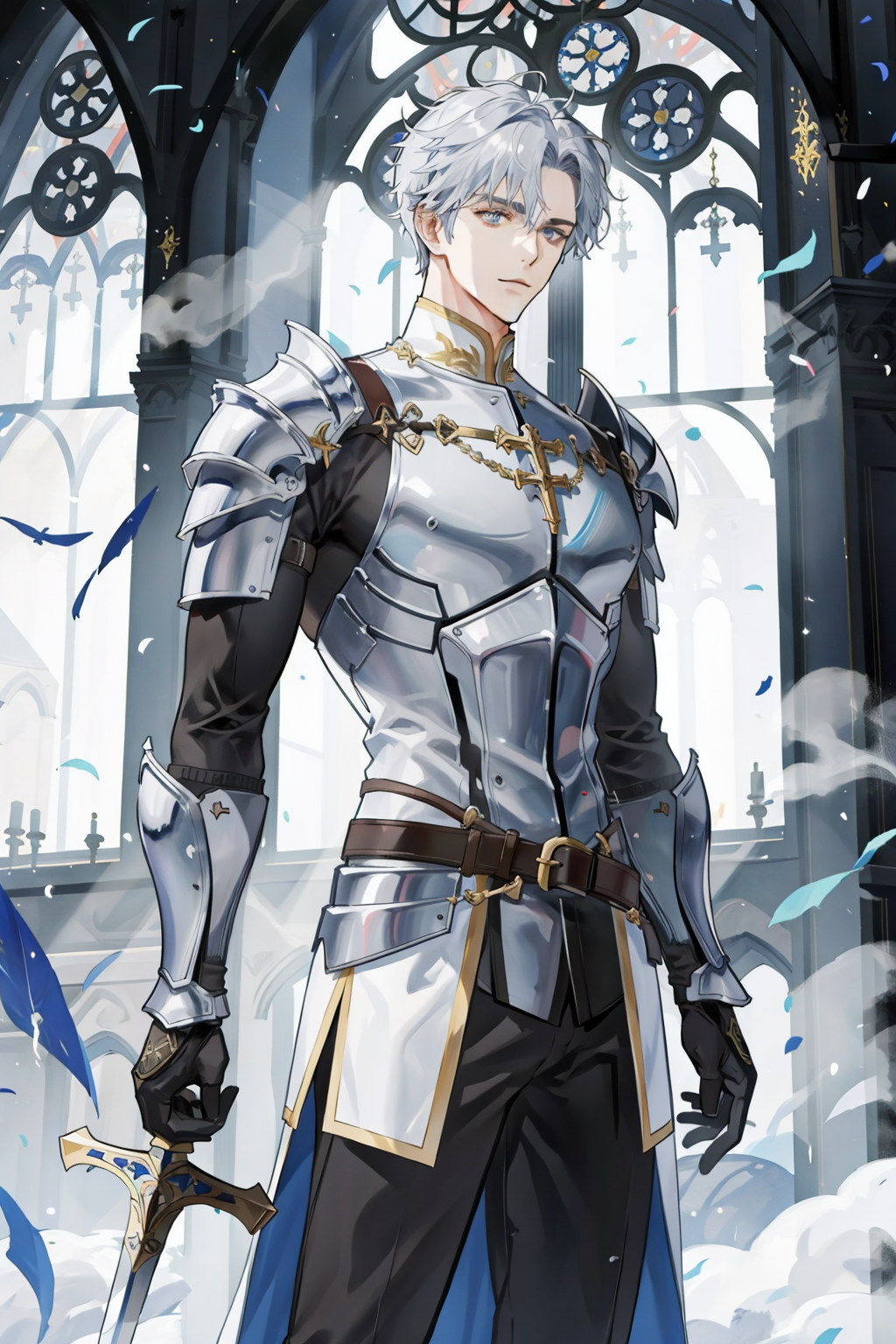 masterpiece, best quality, 1man, male focus, handsome, mature, tall muscular guy, short silver hair, knight, armor, large ...