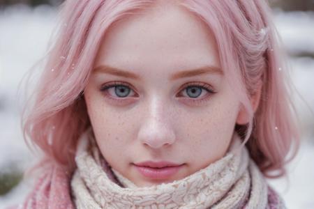 (masterpiece), (best quality), (hyper realistic:1.4),(photorealistic:1.3),(intricate details:1.35), (face behind wooly scarf:1.3), photograph of a cute girl, spanish, pastel pink hair, pale skin, freckles, blush, innocentl, snowfall, Porta 160 color, shot on ARRI ALEXA 65, bokeh, sharp focus on subject, shot by Don McCullin, <lora:detail_slider_v4:1.3> <lora:epiCRealLife:0.8> <lora:perfecteyes_v1:0.55>