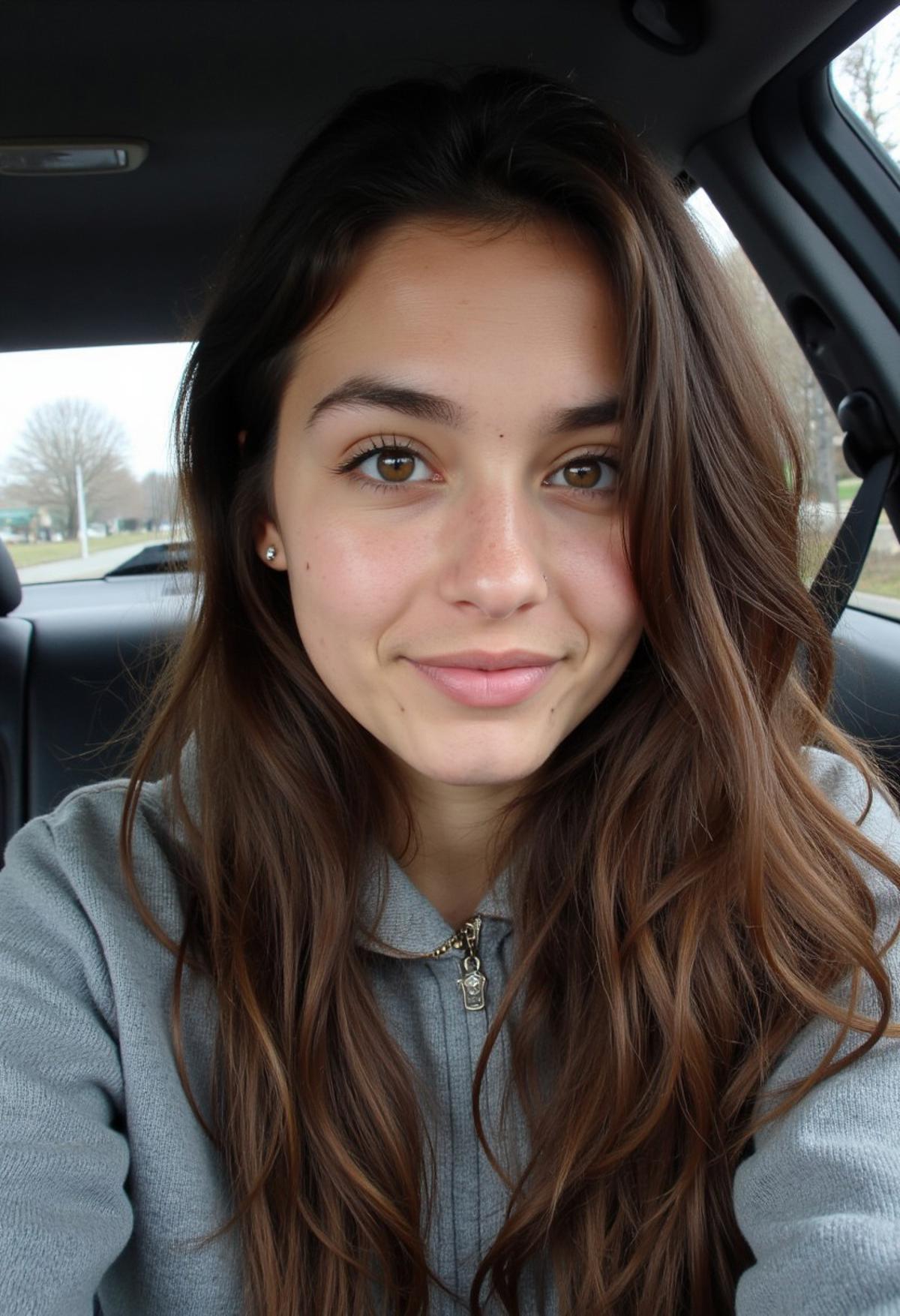 arafed woman with long hair sitting in a car, pale-skinned persian girl, with cute - fine - face, without makeup, selfie of a young woman, instagram selfie, charli bowater, 19-year-old girl, brown eyes and white skin, with long hair and piercing eyes, the image is indistinguishable from a real real photo, <lora:amateurphoto:1>