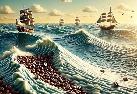 fantasy ocean made of cappuccino foam and swirling espresso, coffee bean ships sailing smoothly, sails made of steamed milk, golden light reflecting off creamy waves, whimsical and dreamy atmosphere, coffee beans, stylized sea, cinematic view, epic scenery, ultra detail, poetic, dreamy sailing scene, creamy wave texture, distant coffee bean fleet, vast horizon