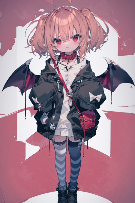 best quality, masterpiece, extremely detailed, detailed background, best quality, masterpiece, extremely detailed, detailed background, 1girl, solo, virtual youtuber, wings, red eyes, striped, striped thighhighs, makaino ririmu, twintails, thighhighs, ahoge, red wings, looking at viewer, off shoulder, jacket, bag, white background, demon wings, red collar, simple background, full body, black footwear, long sleeves, hair between eyes, standing, boots, sleeves past wrists, collar, bangs, pointy ears, shoes, blood, black jacket, jewelry, sleeves past fingers, red hair, multicolored hair, bare shoulders, shoulder bag