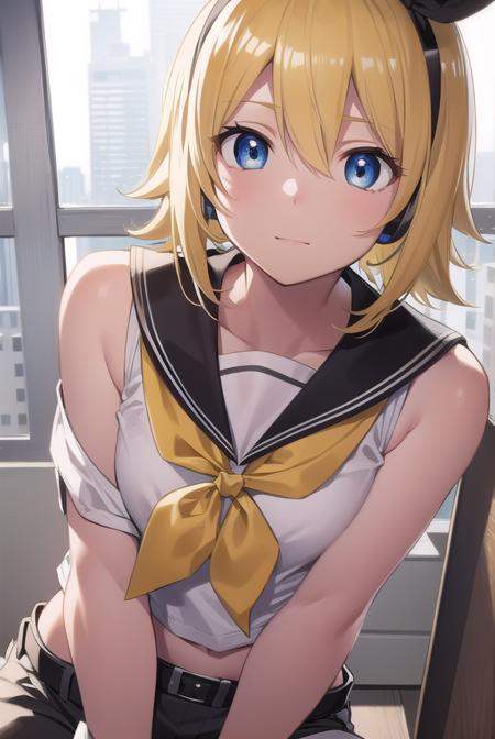 kagaminerin, <lora:rinkagaminetest:1>,
rin kagamine, blonde hair, blue eyes, hair bow, headset, short hair, headphones, (flat chest:1.2),
BREAK bare shoulders, belt, black sailor collar, black shorts, bow, crop top, detached sleeves, grey legwear, grey shorts, grey sleeves, hair bow, leg warmers, neckerchief, sailor collar, school uniform, shirt, short shorts, short sleeves, shorts, white bow, white footwear, white shirt, yellow neckerchief,
BREAK looking at viewer,
BREAK indoors, classroom,
BREAK <lora:GoodHands-vanilla:1>, (masterpiece:1.2), best quality, high resolution, unity 8k wallpaper, (illustration:0.8), (beautiful detailed eyes:1.6), extremely detailed face, perfect lighting, extremely detailed CG, (perfect hands, perfect anatomy),