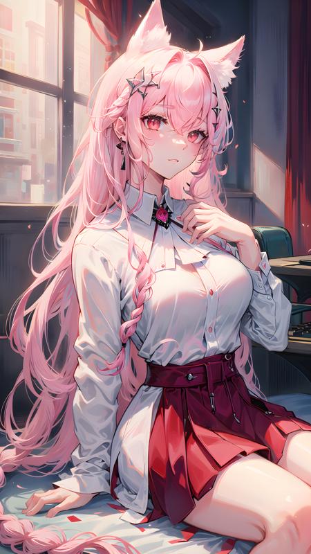 1girl, pink hair, solo, breasts, animal ears, long hair, wolf ears, (white shirt:1.2), pink eyes, hair ornament, wolf girl, very long hair, braid, medium breasts, extra ears, (sitting.1.2), (indoors:1.2), hair between eyes, animal ear fluff  <lora:PozëmkaV1.0:0.6>,pozëmka&typewriter, full body, 