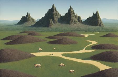 style of Roger Dean, ranch ,clump ,patch ,parcel , Mountain ,