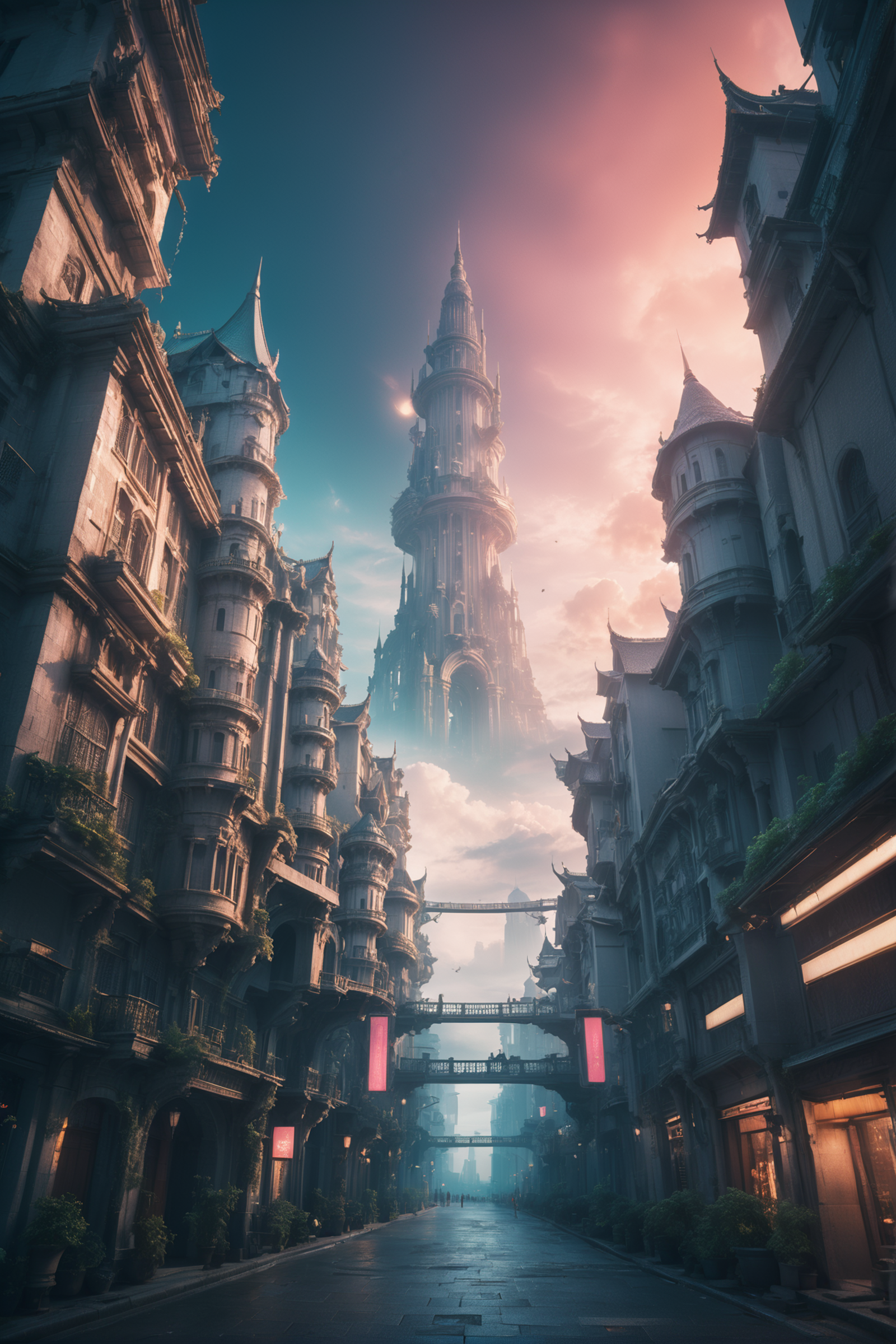 A fantastical cityscape with a large tower behind a bridge.