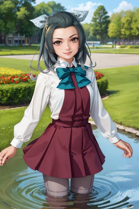 suzunami, hair ribbon school uniform, dress, halterneck, bowtie, shirt, long sleeves, grey pantyhose