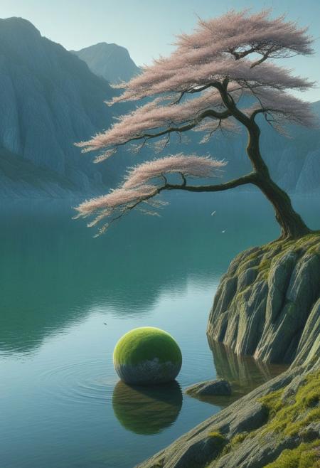 A lone, slender sakura tree perched on a rocky outcrop overlooking a serene lake. The tree is in full bloom, its delicate branches reaching towards the sky.  Use a low camera angle that emphasizes the height of the tree and the expanse of the lake.  The composition should utilize the rule of thirds, with the tree positioned off-center to the left.  A soft, diffused light illuminates the scene, creating a peaceful atmosphere.  The lake's surface is calm, reflecting the sakura tree and the soft colors of the sky.  A small, simple boat rests on the lake's surface.  Subtle ripples emanate from the boat, gently disturbing the reflection.  The rocky outcrop is covered in moss and small tufts of grass.  The background features a clear sky with subtle color gradations. A full moon hangs high in the sky, casting a gentle glow on the scene.  A flock of birds flies towards the moon, their silhouettes adding a sense of movement to the otherwise still image. A large, semi-transparent sphere floats in the air to the right, its surface reflecting the surrounding environment.  The sphere is partially obscured by a textured gray background, adding depth and mystery to the scene.
emeraldmorph