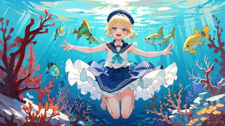 mksks style, masterpiece, best_quality, ultra-detailed, illustration, full body, art nouveau:1.2, ((solo)), ((1girl)), ((underwater)), blonde hair, short hair, aqua eyes, smile, open mouth, barefoot, bubble, white dress, flat chest, upper teeth only, fish, jellyfish, blue sailor collar, beret, sleeveless