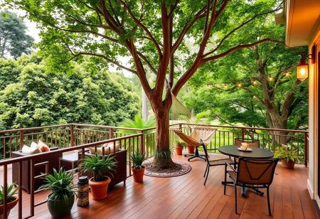 "An inviting outdoor space showcasing a spacious balcony overlooking a lush landscape. The balcony, adorned with elegant railings, features a cozy seating area with weather-resistant furniture, perfect for enjoying morning coffee or evening gatherings. Lush green trees surround the area, providing a natural canopy that offers both shade and a sense of tranquility.
Potted plants and hanging planters add splashes of color and life, enhancing the tropical atmosphere. A comfortable hammock is suspended between two sturdy trees, inviting relaxation and lazy afternoons spent reading or napping in the gentle breeze.
The outdoor flooring, crafted from natural wood or stone, harmonizes with the surrounding environment, while decorative outdoor lights create a warm ambiance for evening use. A small outdoor dining area, with a table and chairs, is perfect for al fresco meals, providing an intimate setting amidst nature.
The space is designed to seamlessly blend indoor and outdoor living, allowing for an open flow that encourages appreciation of the lush surroundings, making it an ideal retreat for relaxation and socializing."