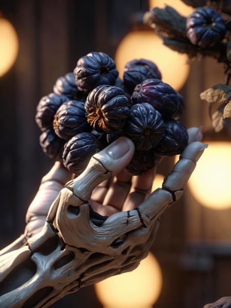 A skeletal hand holding a prune,closeup,intricately detailed textures,photorealistic,8K,thorough,, glow effects, godrays, Hand drawn, render, 8k, octane render, cinema 4d, blender, dark, atmospheric 4k ultra detailed, cinematic, Sharp focus, big depth of field, Masterpiece, colors, 3d octane render, 4k, concept art, trending on artstation, hyperrealistic, Vivid colors, extremely detailed CG unity 8k wallpaper, trending on CGSociety, Intricate, High Detail, dramatic